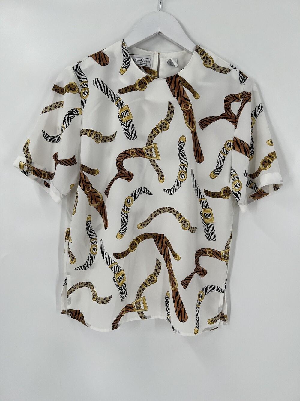 La Chine Classic Galinda Wang Vintage Blouse Womens 6 White Animal Print 80s 90s